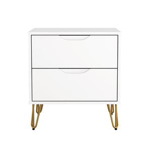 English Elm Nightstand with Two Drawers Slim Metal Legs Wood Grain Finish for Modern Bedrooms White B365P504363