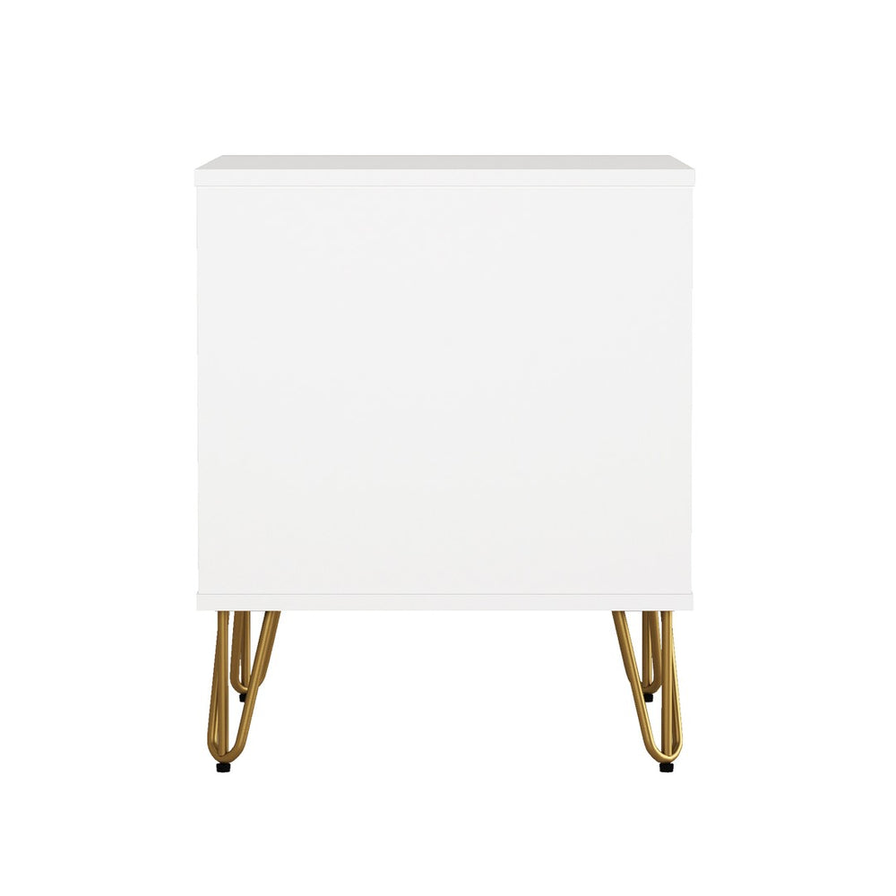 English Elm Nightstand with Two Drawers Slim Metal Legs Wood Grain Finish for Modern Bedrooms White B365P504363