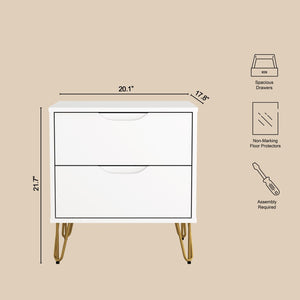 English Elm Nightstand with Two Drawers Slim Metal Legs Wood Grain Finish for Modern Bedrooms White B365P504363