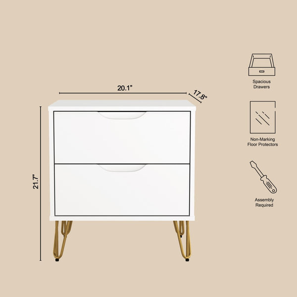 English Elm Nightstand with Two Drawers Slim Metal Legs Wood Grain Finish for Modern Bedrooms White B365P504363