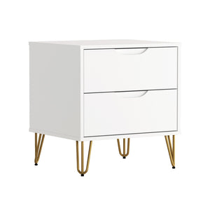 English Elm Nightstand with Two Drawers Slim Metal Legs Wood Grain Finish for Modern Bedrooms White B365P504363