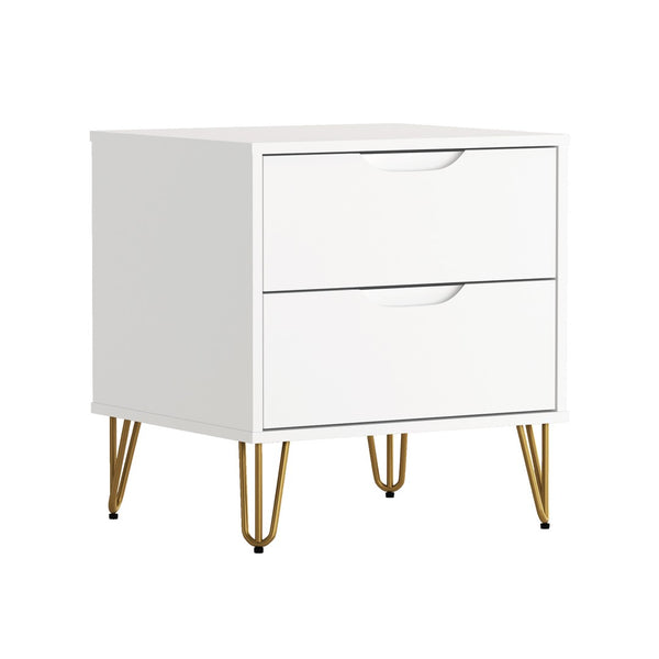 English Elm Nightstand with Two Drawers Slim Metal Legs Wood Grain Finish for Modern Bedrooms White B365P504363