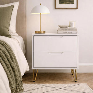 English Elm Nightstand with Two Drawers Slim Metal Legs Wood Grain Finish for Modern Bedrooms White B365P504363