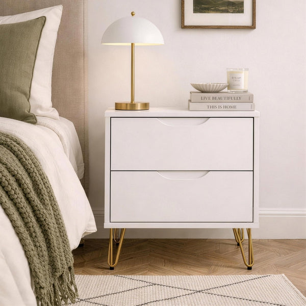 English Elm Nightstand with Two Drawers Slim Metal Legs Wood Grain Finish for Modern Bedrooms White B365P504363