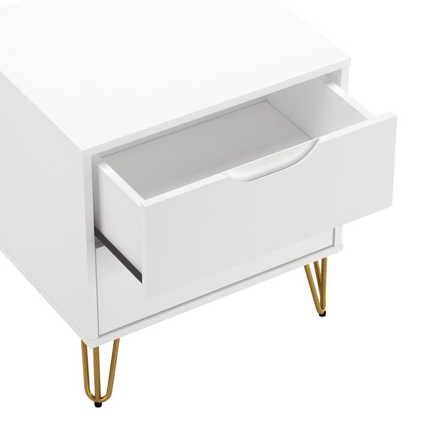 English Elm Nightstand with Two Drawers Slim Metal Legs Wood Grain Finish for Modern Bedrooms White B365P504363