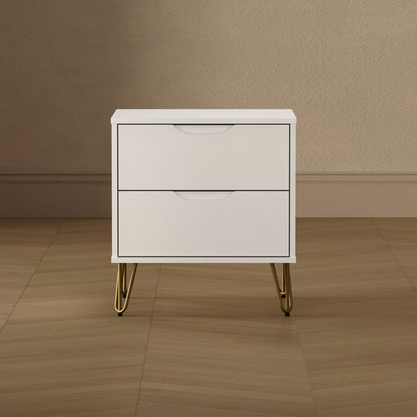 English Elm Nightstand with Two Drawers Slim Metal Legs Wood Grain Finish for Modern Bedrooms White B365P504363