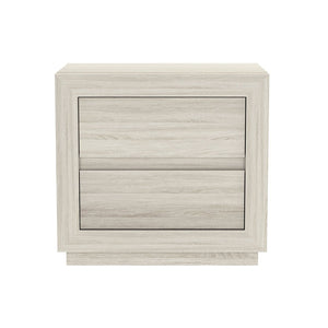 English Elm Nightstand with Two Drawers Elevated Base Minimalist Oak Laminate Bedroom Storage Whitewashed Oak B365P504364