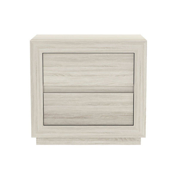 English Elm Nightstand with Two Drawers Elevated Base Minimalist Oak Laminate Bedroom Storage Whitewashed Oak B365P504364