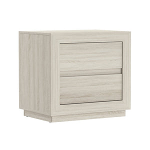 English Elm Nightstand with Two Drawers Elevated Base Minimalist Oak Laminate Bedroom Storage Whitewashed Oak B365P504364
