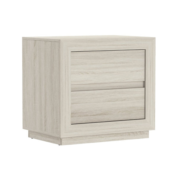 English Elm Nightstand with Two Drawers Elevated Base Minimalist Oak Laminate Bedroom Storage Whitewashed Oak B365P504364