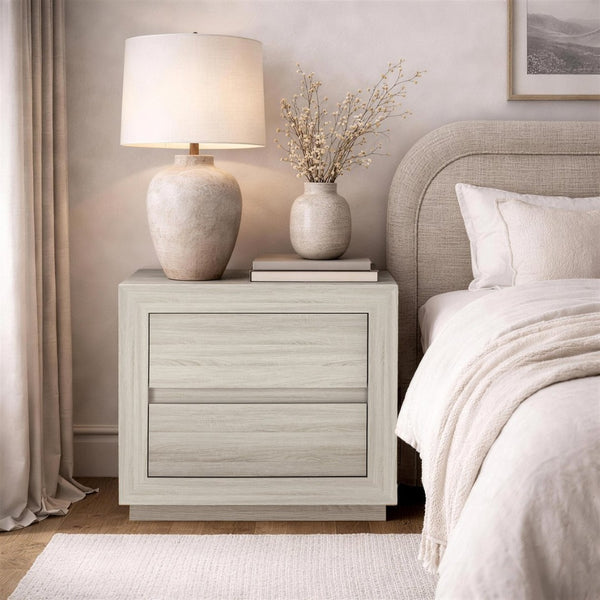 English Elm Nightstand with Two Drawers Elevated Base Minimalist Oak Laminate Bedroom Storage Whitewashed Oak B365P504364