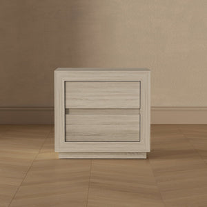 English Elm Nightstand with Two Drawers Elevated Base Minimalist Oak Laminate Bedroom Storage Whitewashed Oak B365P504364