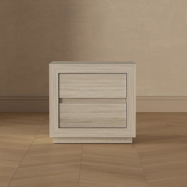 English Elm Nightstand with Two Drawers Elevated Base Minimalist Oak Laminate Bedroom Storage Whitewashed Oak B365P504364