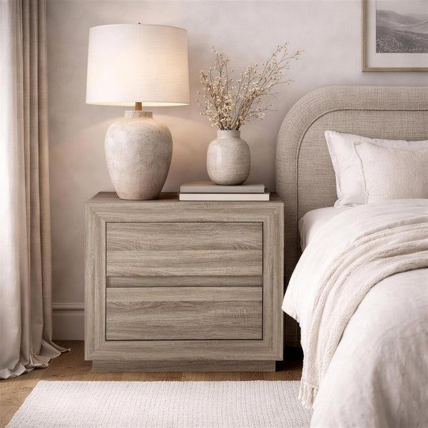 English Elm Nightstand with Two Drawers Elevated Base Minimalist Oak Laminate Bedroom Storage Natural Oak B365P504365