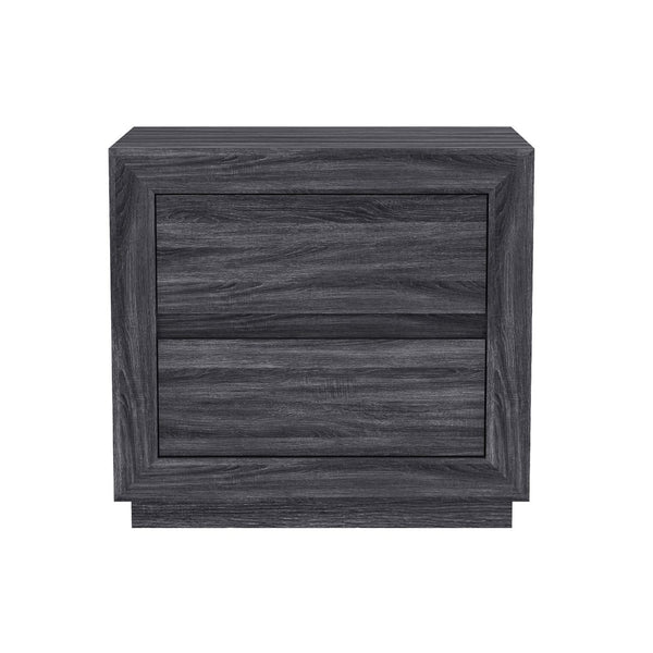 English Elm Nightstand with Two Drawers Elevated Base Minimalist Oak Laminate Bedroom Storage Charcoal Gray B365P504366