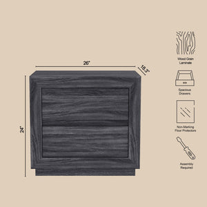 English Elm Nightstand with Two Drawers Elevated Base Minimalist Oak Laminate Bedroom Storage Charcoal Gray B365P504366