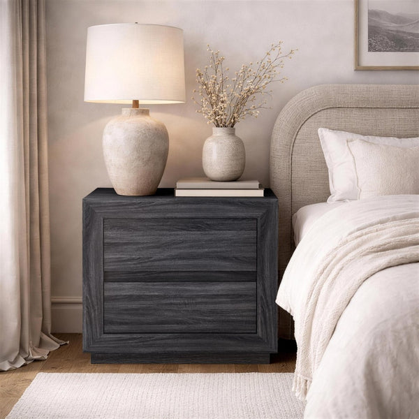 English Elm Nightstand with Two Drawers Elevated Base Minimalist Oak Laminate Bedroom Storage Charcoal Gray B365P504366