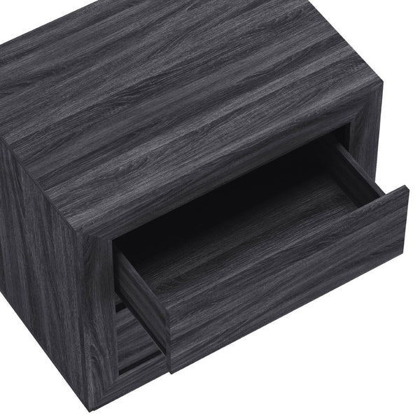 English Elm Nightstand with Two Drawers Elevated Base Minimalist Oak Laminate Bedroom Storage Charcoal Gray B365P504366