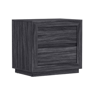 English Elm Nightstand with Two Drawers Elevated Base Minimalist Oak Laminate Bedroom Storage Charcoal Gray B365P504366