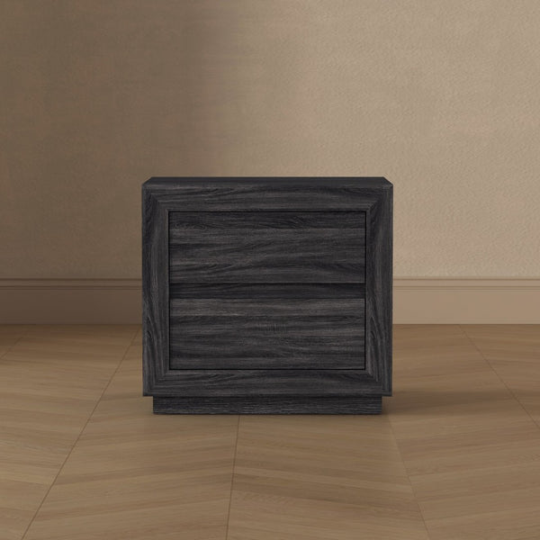 English Elm Nightstand with Two Drawers Elevated Base Minimalist Oak Laminate Bedroom Storage Charcoal Gray B365P504366
