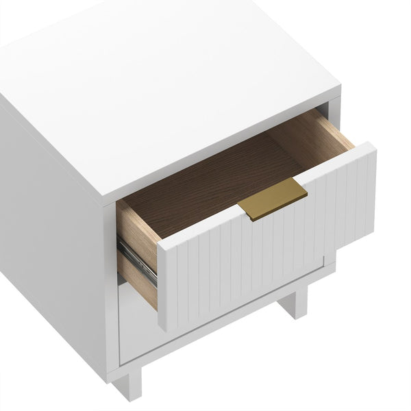 English Elm Nightstand with Fluted Drawer Fronts Elevated Base and Soft Close Glides for Modern Bedrooms White B365P504367