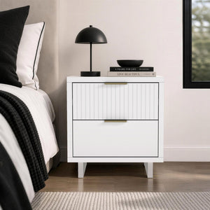 English Elm Nightstand with Fluted Drawer Fronts Elevated Base and Soft Close Glides for Modern Bedrooms White B365P504367