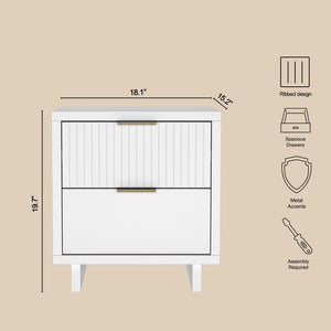 English Elm Nightstand with Fluted Drawer Fronts Elevated Base and Soft Close Glides for Modern Bedrooms White B365P504367