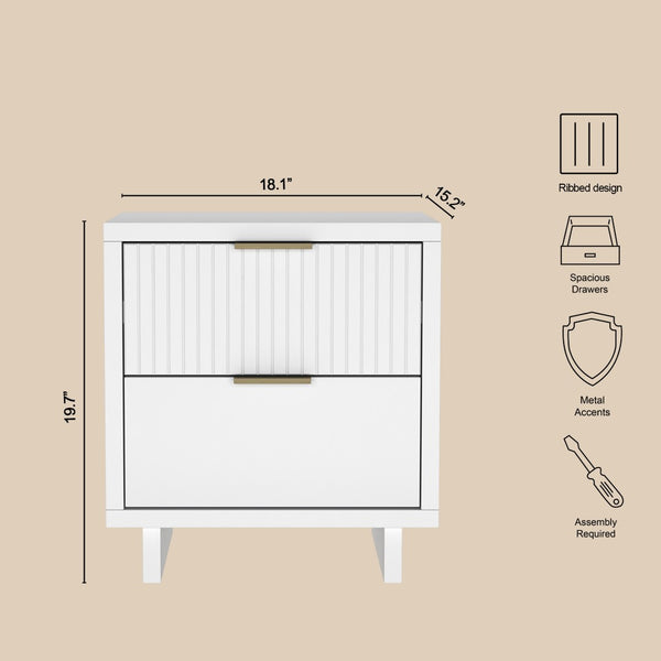 English Elm Nightstand with Fluted Drawer Fronts Elevated Base and Soft Close Glides for Modern Bedrooms White B365P504367