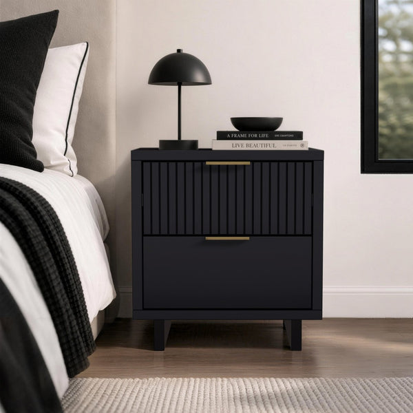 English Elm Nightstand with Fluted Drawer Fronts Elevated Base and Soft Close Glides for Modern Bedrooms Black B365P504368