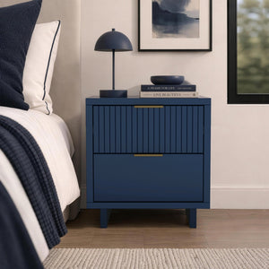 English Elm Nightstand with Fluted Drawer Fronts Elevated Base and Soft Close Glides for Modern Bedrooms Midnight Blue B365P504370