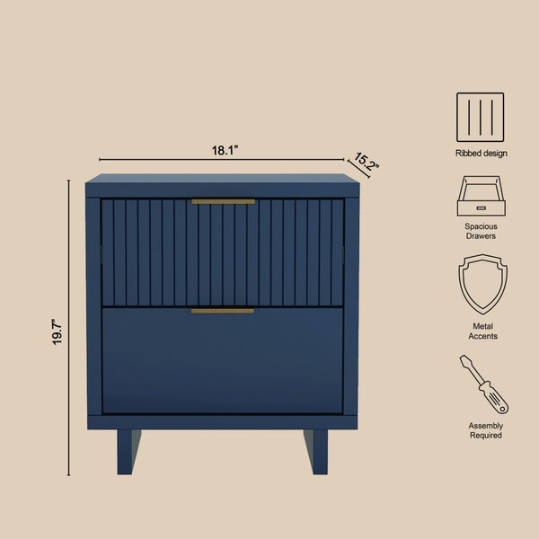 English Elm Nightstand with Fluted Drawer Fronts Elevated Base and Soft Close Glides for Modern Bedrooms Midnight Blue B365P504370