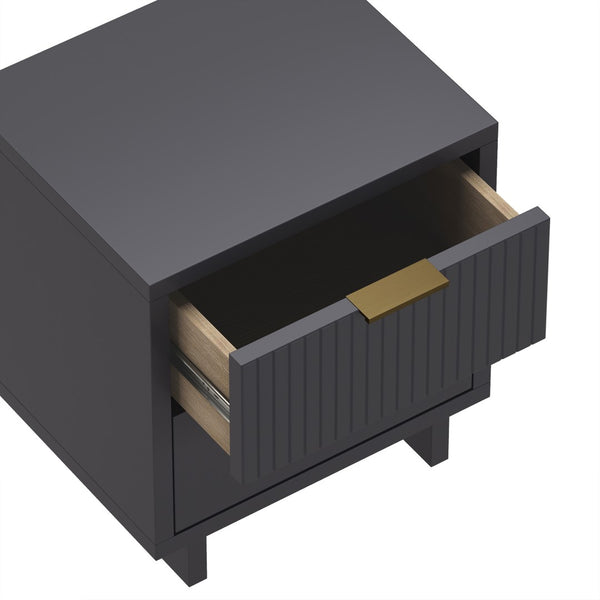 English Elm Nightstand with Fluted Drawer Fronts Elevated Base and Soft Close Glides for Modern Bedrooms Charcoal Gray B365P504371