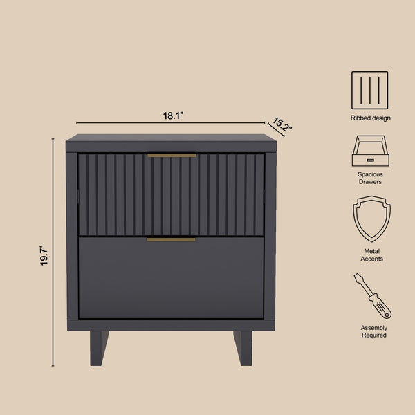 English Elm Nightstand with Fluted Drawer Fronts Elevated Base and Soft Close Glides for Modern Bedrooms Charcoal Gray B365P504371