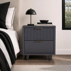 English Elm Nightstand with Fluted Drawer Fronts Elevated Base and Soft Close Glides for Modern Bedrooms Charcoal Gray B365P504371