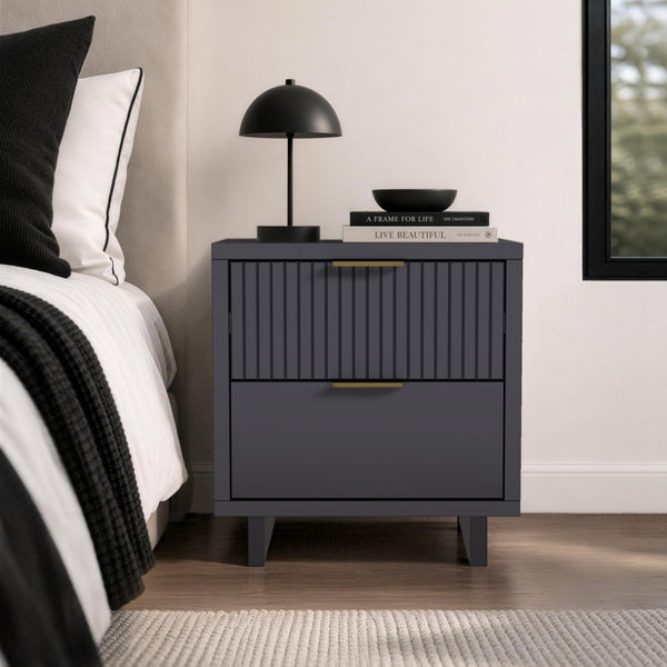 English Elm Nightstand with Fluted Drawer Fronts Elevated Base and Soft Close Glides for Modern Bedrooms Charcoal Gray B365P504371