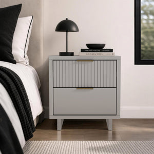 English Elm Nightstand with Fluted Drawer Fronts Elevated Base and Soft Close Glides for Modern Bedrooms Light Gray B365P504372