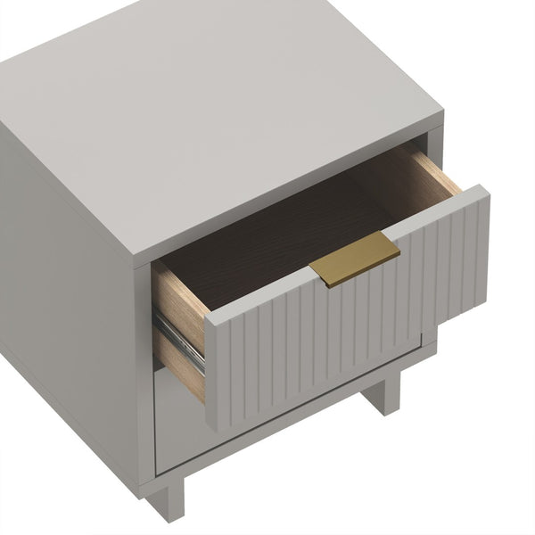 English Elm Nightstand with Fluted Drawer Fronts Elevated Base and Soft Close Glides for Modern Bedrooms Light Gray B365P504372
