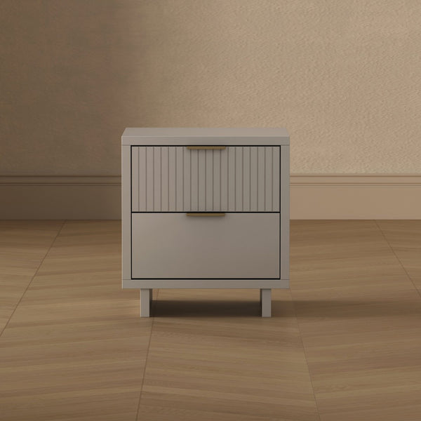 English Elm Nightstand with Fluted Drawer Fronts Elevated Base and Soft Close Glides for Modern Bedrooms Light Gray B365P504372