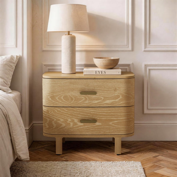 English Elm Nightstand with Two Soft-close Drawers Solid Wood Veneer Grain Scandinavian Bedroom Oak B365P504373