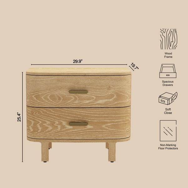 English Elm Nightstand with Two Soft-close Drawers Solid Wood Veneer Grain Scandinavian Bedroom Oak B365P504373