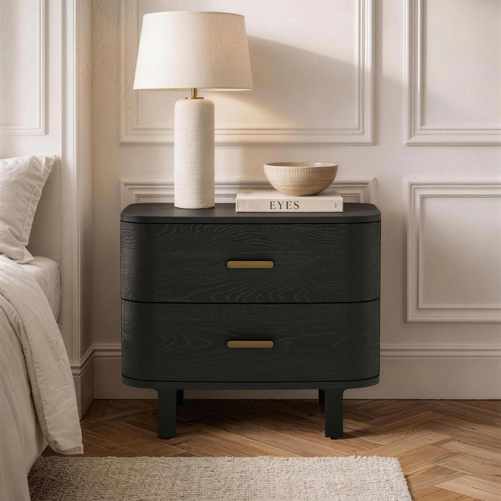 English Elm Nightstand with Two Soft-close Drawers Solid Wood Veneer Grain Scandinavian Bedroom Black B365P504374