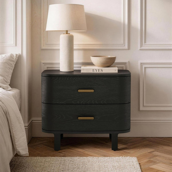 English Elm Nightstand with Two Soft-close Drawers Solid Wood Veneer Grain Scandinavian Bedroom Black B365P504374