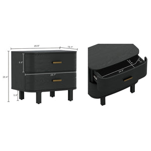 English Elm Nightstand with Two Soft-close Drawers Solid Wood Veneer Grain Scandinavian Bedroom Black B365P504374