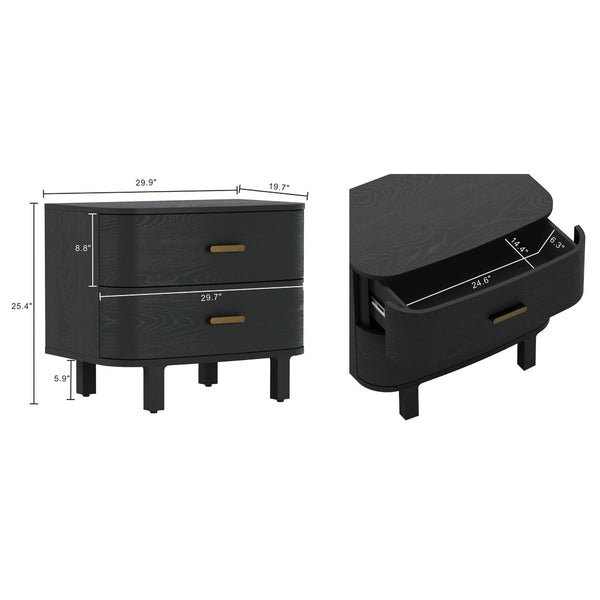 English Elm Nightstand with Two Soft-close Drawers Solid Wood Veneer Grain Scandinavian Bedroom Black B365P504374