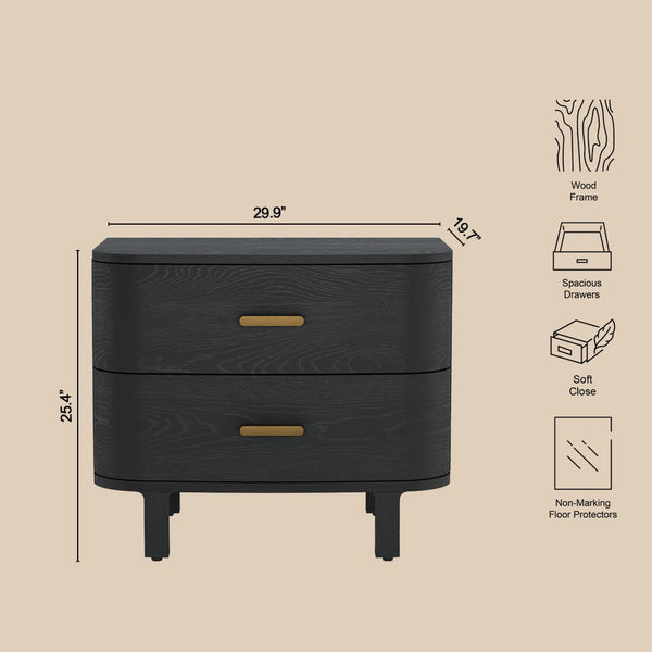 English Elm Nightstand with Two Soft-close Drawers Solid Wood Veneer Grain Scandinavian Bedroom Black B365P504374