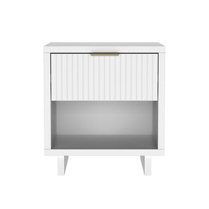 English Elm Nightstand with Fluted Drawer Open Shelf and Soft Close Glides for Modern Bedrooms White B365P504375