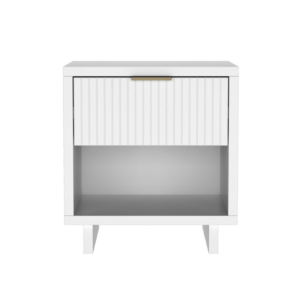 English Elm Nightstand with Fluted Drawer Open Shelf and Soft Close Glides for Modern Bedrooms White B365P504375