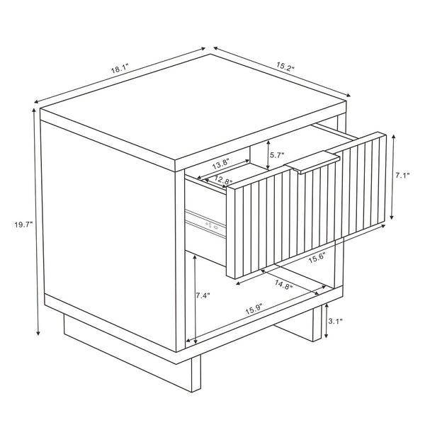 English Elm Nightstand with Fluted Drawer Open Shelf and Soft Close Glides for Modern Bedrooms White B365P504375