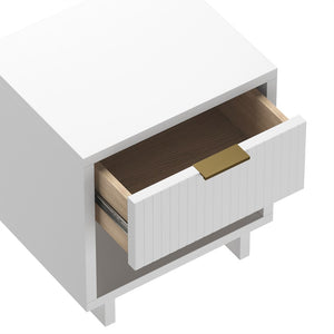 English Elm Nightstand with Fluted Drawer Open Shelf and Soft Close Glides for Modern Bedrooms White B365P504375
