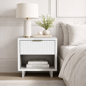 English Elm Nightstand with Fluted Drawer Open Shelf and Soft Close Glides for Modern Bedrooms White B365P504375